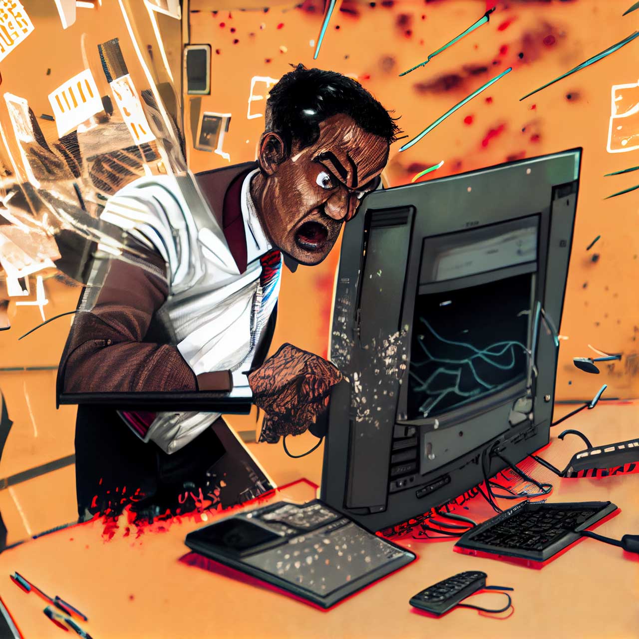 Un homme en colère détruit son ordinateur